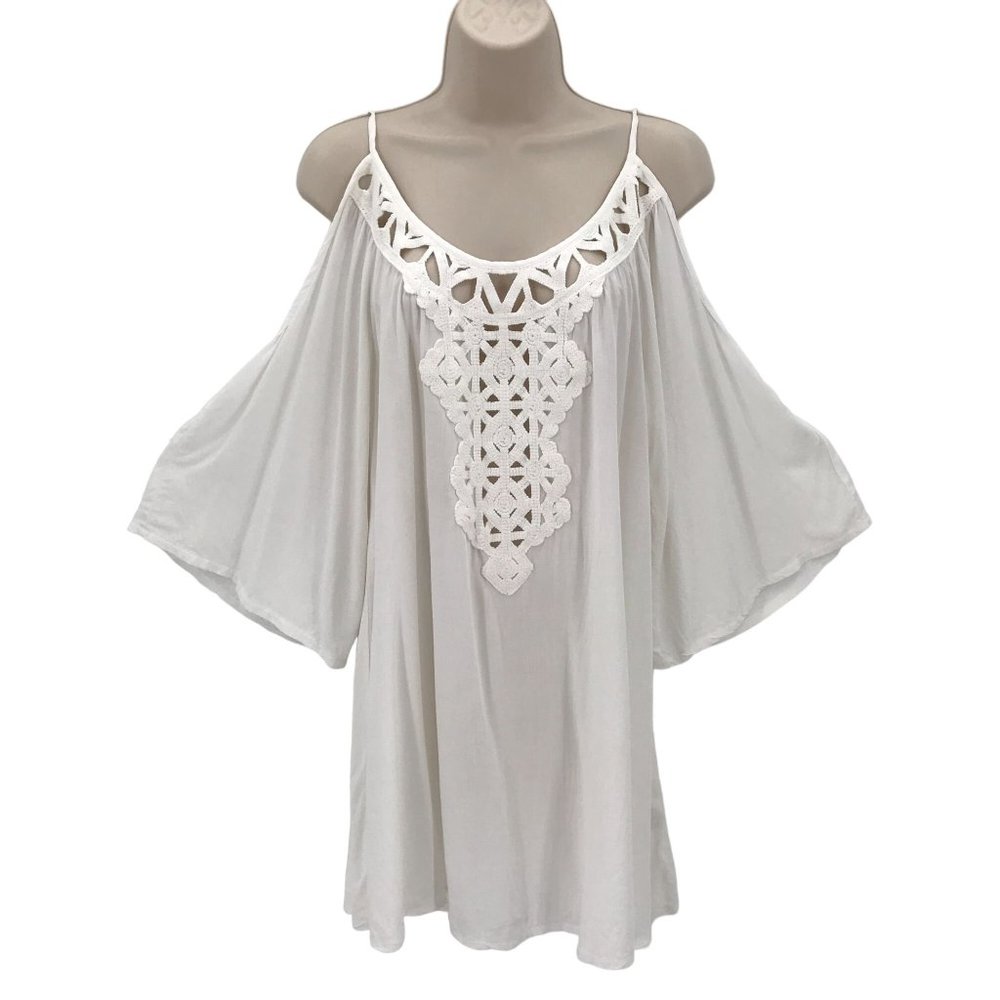 Solitaire Swim Womens White Crochet Strap Cold Shoulder Bell Sleeve Swim Cover S